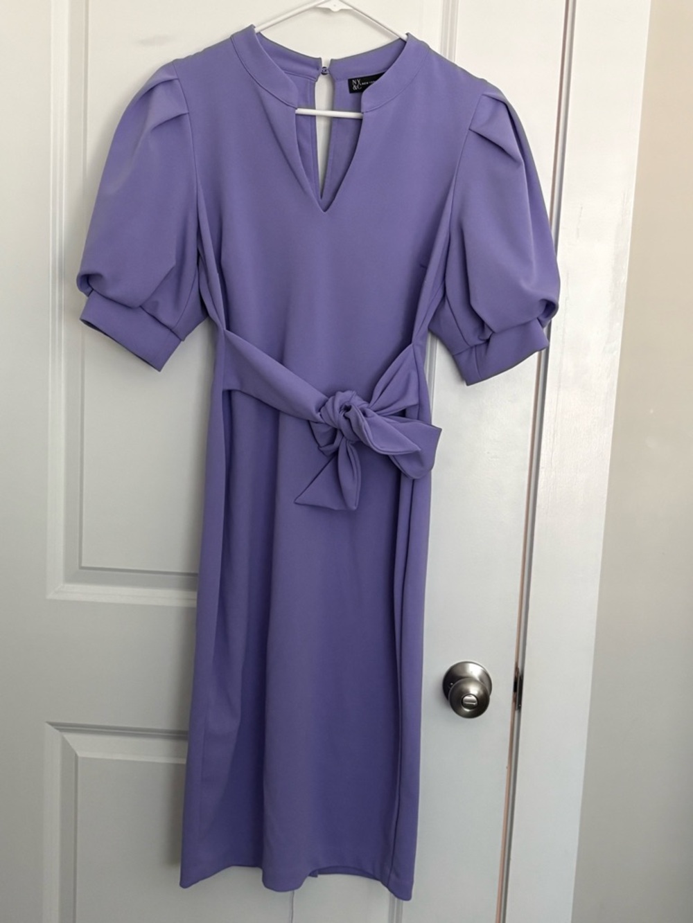 New York & Company Lavender Puff Sleeve Midi Dress with Waist Tie